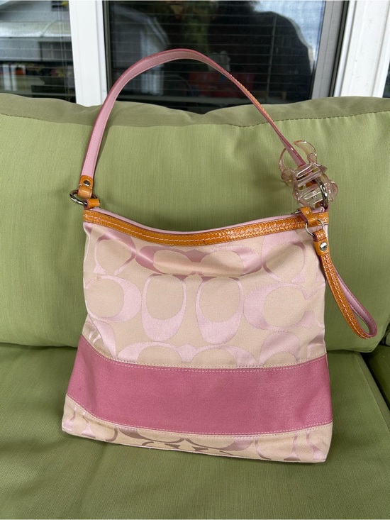 Coach Handbags - Coach Pink & Beige Signature Canvas Shoulder Bag with Tan Trim